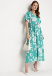 Jasnozielona Sukienka Długa z Kopertową Górą w Kwiatowy Print Solmare. Zielone sukienki damskie Born2be, na co dzień, l, bez wzorów, eleganckie, bez kołnierzyka, bez ramiączek, maxi, kopertowe. Za 64.99 zł.