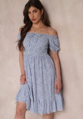 Niebieska Sukienka Midi o Fasonie Bawełnianej Hiszpanki Nairo. Niebieskie sukienki damskie Renee, na spotkanie biznesowe, m, bez wzorów, z bawełny, eleganckie, bez kołnierzyka, bez ramiączek, midi. Za 39.99 zł.