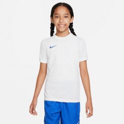 Koszulka treningowa chłopięca Nike JR Park Vii. Białe t-shirty dla chłopców Nike, bez wzorów, z materiału, bez ramiączek. Za 69.99 zł.