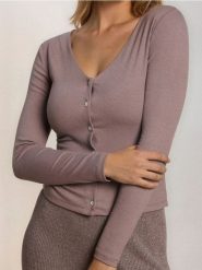 Prążkowana bluzka z dekoltem V - brązowy. Brązowe bluzki damskie Sinsay, l, bez wzorów, prążkowane, bez kołnierzyka, bez ramiączek. Za 39.99 zł.