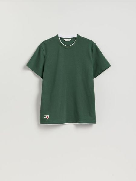 Strukturalny t-shirt regular - ciemnozielony. Zielone t-shirty męskie Reserved, l, bez wzorów, z bawełny, bez kołnierzyka. Za 79.99 zł.