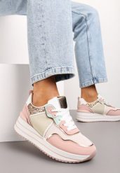 Różowe Sneakersy na Niskiej Platformie ze Wstawkami z Brokatu Quinnes. Czerwone obuwie sportowe damskie Renee, bez wzorów. Za 89.99 zł.