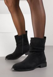 Czarne Botki z Marszczoną Cholewką do Kostki Ilomira. Czarne botki damskie Renee, z jeansu, boho, bez obcasa, na płaskiej podeszwie, bez zapięcia. Za 119.99 zł.