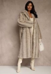 Jasnobeżowy Płaszcz Futerko o Jednorzędowym Fasonie Cataris. Brązowe płaszcze damskie Renee, l, bez wzorów, z futra, eleganckie, bez kaptura. Za 289.99 zł.