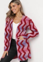 Jasnofioletowy Luźny Kardigan w Geometryczny Wzór Goitom. Fioletowe kardigany damskie Born2be, bez wzorów, bez kołnierzyka, bez ramiączek, bez kaptura. Za 129.99 zł.