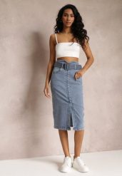 Niebieska Jeansowa Spódnica Ołówkowa Midi z Guzikami i Rozcięciem Jackiesa. Niebieskie spódnice damskie Renee, m, bez wzorów, z jeansu, midi, ołówkowe. Za 129.99 zł.