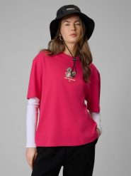 4F T-shirt loose z nadrukiem damski - różowy L. Czerwone t-shirty damskie 4f, l, bez wzorów, z bawełny, bez kołnierzyka. Za 79.99 zł.
