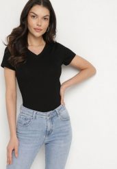 Czarny T-shirt z Bawełny z Trójkątnym Dekoltem Semiora. Czarne bluzki damskie Born2be, m, bez wzorów, z bawełny, klasyczne, bez kołnierzyka. Za 34.99 zł.