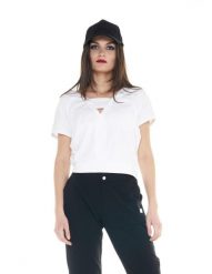 Damski T-shirt Cristal Shine o niskim kroju. Białe t-shirty damskie LEONE 1947 APPAREL, l, bez wzorów, z bawełny, sportowe, bez kołnierzyka. Za 84.16 zł.