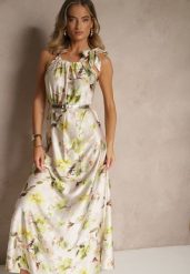 Zielona Sukienka z Satyny w Kwiatowy Wzór Fenimea. Zielone sukienki damskie Renee, na imprezę, na lato, s, bez wzorów, z satyny, eleganckie, bez kołnierzyka, bez ramiączek, maxi. Za 129.99 zł.