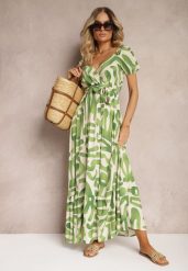 Zielona Sukienka z Wiskozy z Trójkątnym Dekoltem i Gumką w Pasie z Materiałowym Paskiem Viketa. Zielone sukienki dla dziewczynek Renee, bez wzorów, z materiału, eleganckie, bez ramiączek. Za 74.99 zł.
