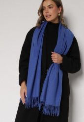 Niebieski Szalik z Bawełną i Wiskozą Ozdobiony Frędzlami Siadortia. Niebieskie szaliki i chusty damskie Born2be, bez wzorów, z bawełny, biznesowe. Za 49.99 zł.