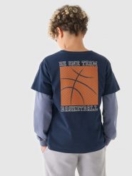 4F T-shirt z nadrukiem chłopięcy - gra natowy 158 (12-13 lat). Niebieskie t-shirty dla chłopców 4f, bez wzorów, z bawełny, bez ramiączek. W wyprzedaży za 19.99 zł.