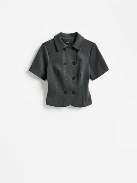 Bluzka z kołnierzykiem - szary. Szare bluzki damskie Reserved, l, bez wzorów, z dzianiny, bez kołnierzyka, bez ramiączek. Za 119.99 zł.