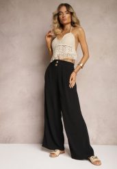 Czarne Spodnie w Stylu Alladynek High Waist Wykończone Gumką w Pasie Riselma. Czarne spodnie sportowe damskie Renee, bez wzorów, z jeansu. Za 39.99 zł.