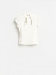 Bluzka z wiązaniem - biały. Białe bluzki damskie Reserved, l, bez wzorów, z bawełny, bez kołnierzyka, bez ramiączek. Za 79.99 zł.