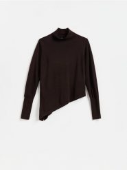 Sweter z asymetrycznym dołem - ciemnobrązowy. Brązowe swetry damskie Reserved, l, bez wzorów, z dzianiny, z asymetrycznym kołnierzem, bez ramiączek, bez kaptura. Za 109.99 zł.