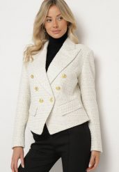 Jasnobeżowa Dwurzędowa Marynarka Taliowana w Tweedowym Stylu z Imitacją Kieszeni Liolia. Brązowe żakiety damskie Born2be, l, bez wzorów, eleganckie. Za 229.99 zł.