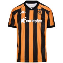 Koszulka domowa Hull City Kombat 2024/25. Brązowe koszulki sportowe męskie Kappa, bez wzorów, bez kołnierzyka, bez ramiączek, do piłki nożnej. Za 347.10 zł.