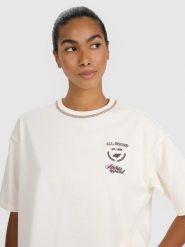 T-shirt oversize z nadrukiem damski 4F 4FRSS25TTSHF2979. Białe t-shirty damskie 4f, xl, bez wzorów, z bawełny, klasyczne, bez kołnierzyka. Za 45.99 zł.