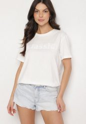 Biały T-shirt z Bawełny z Aplikacją z Cyrkoniami Deraine. Białe bluzki damskie Born2be, l, z aplikacjami, z bawełny, eleganckie, bez kołnierzyka, bez ramiączek. Za 34.99 zł.
