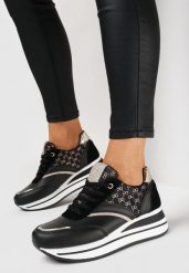 Czarne Sneakersy na Grubej Podeszwie z Brokatem Erenie. Czarne obuwie sportowe damskie Born2be, bez wzorów. Za 99.99 zł.