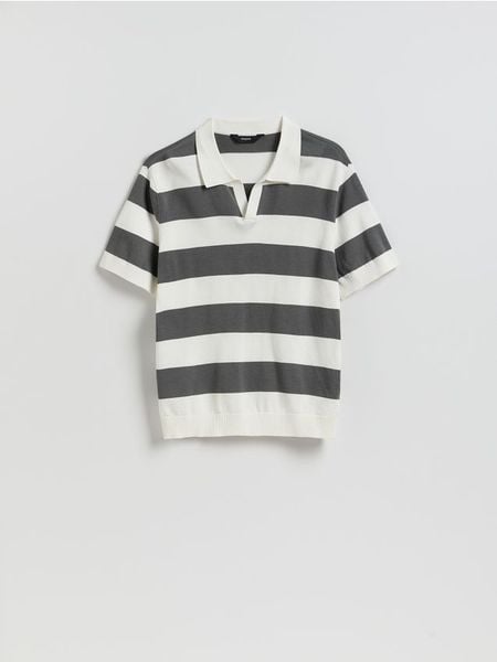 Bawełniany sweter polo - czarny. Czarne swetry przez głowę męskie Reserved, l, bez wzorów, z bawełny, bez kołnierzyka. Za 119.99 zł.