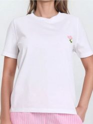 Bawełniana koszulka z haftem - biały. Białe t-shirty damskie Sinsay, l, bez wzorów, z bawełny, bez kołnierzyka. W wyprzedaży za 22.99 zł.