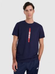 4F T-shirt regular z nadrukiem męski - granatowy S. Niebieskie t-shirty męskie 4f, m, bez wzorów, z bawełny, bez kołnierzyka. W wyprzedaży za 49.99 zł.