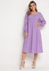 Fioletowa Rozkloszowana Sukienka Midi w Kropki Farnai. Fioletowe sukienki damskie Born2be, m, bez wzorów, retro, bez kołnierzyka, bez ramiączek, midi, rozkloszowane. Za 54.99 zł.