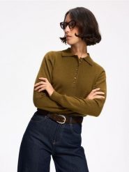 Sweter z dodatkiem wełny - oliwkowy. Zielone swetry damskie Reserved, l, bez wzorów, z dzianiny, bez kołnierzyka, bez ramiączek, bez kaptura. Za 139.99 zł.