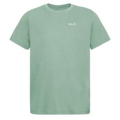 Koszulka męska Jack Wolfskin Essential. Zielone koszulki sportowe męskie Jack Wolfskin, m, bez wzorów, z bawełny, bez kołnierzyka, bez ramiączek. Za 94.99 zł.