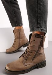 Ciemnobeżowe Botki Sznurowane z Zamkiem Hiyab. Brązowe botki damskie Renee, z jeansu, eleganckie, bez obcasa, na obcasie, bez zapięcia. Za 139.99 zł.