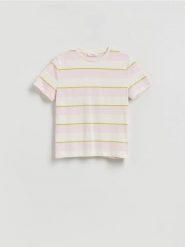 Bawełniany t-shirt w paski - różowy. Czerwone t-shirty damskie Reserved, l, bez wzorów, z bawełny, bez kołnierzyka. Za 39.99 zł.