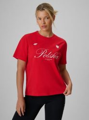 4F Koszulka kibica damska - czerwona S. Czerwone koszulki sportowe damskie 4f, s, bez wzorów, z bawełny, bez kołnierzyka, bez ramiączek. Za 59.99 zł.