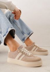 Ciemnobeżowe Sneakersy na Platformie w Stylu Tenisówek Ozdobione Paskami Ladia. Brązowe obuwie sportowe damskie Renee, bez wzorów, z jeansu, tenisowe. Za 99.99 zł.