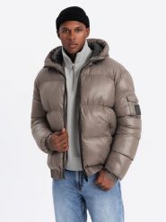 Ciepła męska kurtka puffer ze ściągaczami – ciemnobeżowa V3 OM-JAHP-0207 - XXL. Brązowe kurtki męskie Ombre Clothing, na zimę, l, z aplikacjami, z gumy, z kapturem. W wyprzedaży za 299.99 zł.