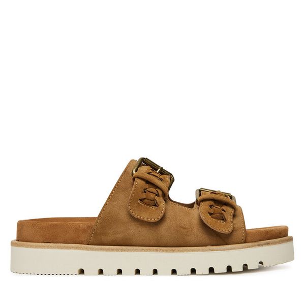 Klapki Mustang. Brązowe klapki damskie Mustang, bez wzorów, bez obcasa. Za 259.99 zł.