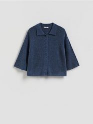 Kardigan z dodatkiem wełny z alpaki - granatowy. Niebieskie kardigany damskie Reserved, l, bez wzorów, z dzianiny. Za 149.99 zł.
