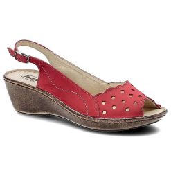 Sandały damskie Helios, skórzane ażurowe i zapinane sprzączką, czerwone, 605. Czerwone klapki damskie Helios, w ażurowe wzory, ze skóry, bez obcasa, na koturnie. Za 129.00 zł.