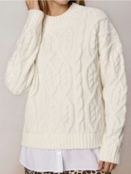 Sweter z ozdobnym splotem z domieszką wełny - kremowy. Białe swetry damskie Sinsay, l, bez wzorów, z wełny, bez kołnierzyka, bez ramiączek, bez kaptura. Za 69.99 zł.