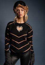 Brązowo-Czarny Sweter z Wiskozą w Paski Ozdobiony Wycięciem w Kształcie Serca z Cyrkoniami Temireli. Brązowe swetry damskie Renee, m, bez wzorów, z wiskozy, casualowe, bez kołnierzyka, bez ramiączek, bez kaptura. Za 84.99 zł.