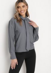 Szara Koszula z Krawatem w Jednolitym Kolorze Wasteria. Szare bluzki damskie Born2be, l, bez wzorów, biznesowe, bez kołnierzyka, bez ramiączek. Za 139.99 zł.