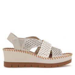 Sandały Rieker. Brązowe sandały damskie Rieker, bez wzorów, bez obcasa, na koturnie, bez zapięcia. Za 329.99 zł.