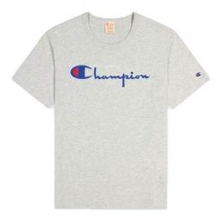 Koszulka sportowa męska Champion Reverse Weave Script Logo. Szare buty sportowe męskie Champion, l, bez wzorów, bez kołnierzyka, bez ramiączek. Za 175.00 zł.