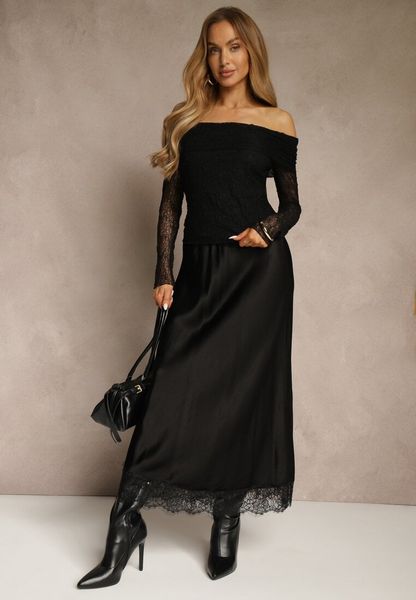 Czarna Wiskozowa Spódnica Satynowa z Koronką Fedore. Czarne spódniczki dla dziewczynek Renee, bez wzorów, z koronki, maxi. Za 119.99 zł.