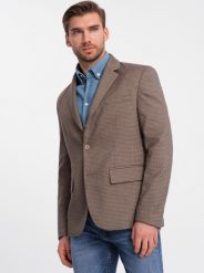 Kurtka męska Ombre Marynarka męska casual w delikatną kratkę - brązowa V1 OM-BLZB-0116 XL. Brązowe garnitury męskie Ombre, m, bez wzorów, casualowe, bez kaptura. Za 309.99 zł.
