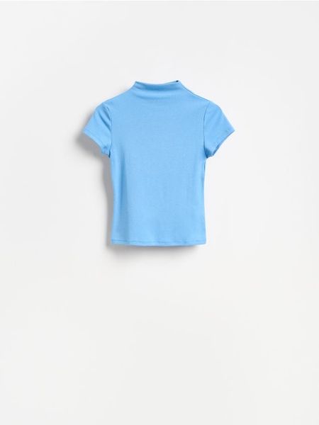 T-shirt ze stójką - niebieski. Niebieskie t-shirty damskie Reserved, l, bez wzorów, z dzianiny, bez kołnierzyka. Za 49.99 zł.