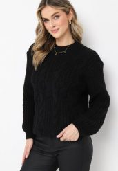 Czarny Sweter w Ozdobny Splot Rulda. Czarne swetry damskie Born2be, m, bez wzorów, z dzianiny, klasyczne, bez kołnierzyka, bez ramiączek, bez kaptura. Za 74.99 zł.