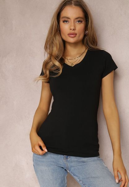 Czarny T-shirt Mirasura. Czarne bluzki damskie Renee, l, bez wzorów, z dzianiny, bez kołnierzyka, bez ramiączek. Za 29.99 zł.